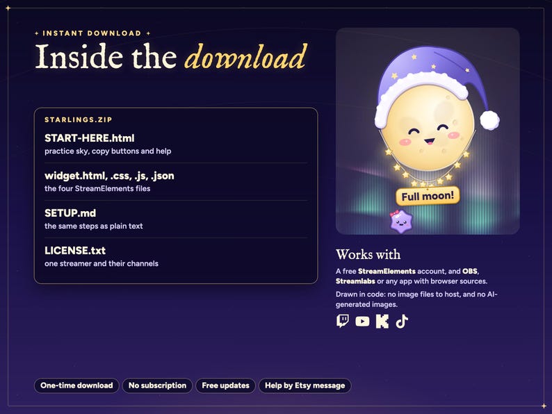 What the Starlings twitch chat overlay download holds: START-HERE.html, the four widget files, SETUP.md and LICENSE.txt, beside the full moon.