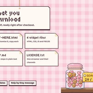 What the Loaf Jar download holds: START-HERE.html, the four widget files, SETUP.md and LICENSE.txt, with free updates and help by Etsy message.