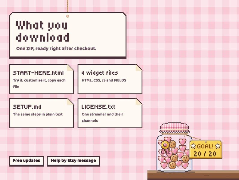 What the Loaf Jar download holds: START-HERE.html, the four widget files, SETUP.md and LICENSE.txt, with free updates and help by Etsy message.