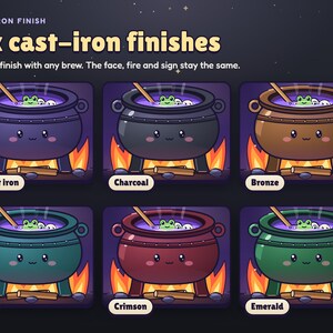 Brewhaha cauldron finishes: violet iron, charcoal, bronze, teal, crimson and emerald.