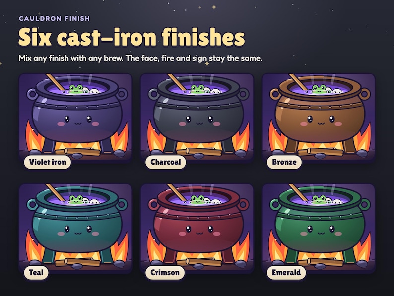 Brewhaha cauldron finishes: violet iron, charcoal, bronze, teal, crimson and emerald.
