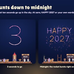 The Launchlings New Year countdown: 3 written in fireworks with the sign at NEW YEAR 00:03, then HAPPY 2027 in the sky as the rocket bursts right on midnight.