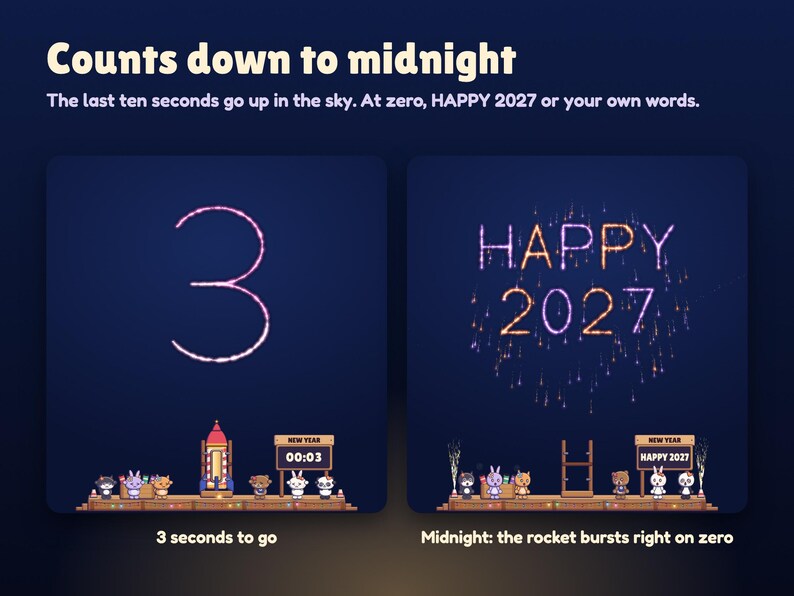 The Launchlings New Year countdown: 3 written in fireworks with the sign at NEW YEAR 00:03, then HAPPY 2027 in the sky as the rocket bursts right on midnight.