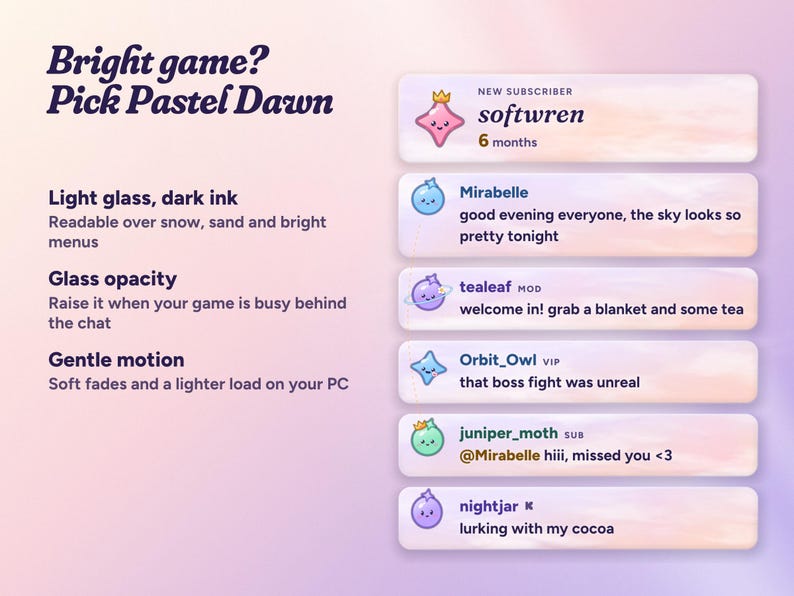 Moonglass in the Pastel Dawn theme over a bright background: light glass and dark ink stay readable, with Glass opacity and Gentle motion settings.