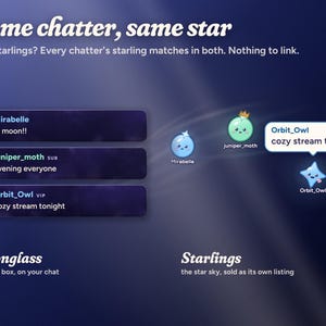 Same chatter, same star: Mirabelle, juniper_moth and Orbit_Owl in the Moonglass chat box and the same three starlings in Starlings, the star sky sold as its own listing.