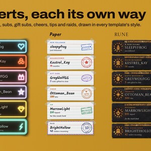 Follow, sub, gift sub, cheer, tip and raid alerts in three Chorus templates: neon Halo tubes, Paper index cards with inked rubber stamps and Rune carved stone.