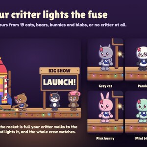 Your Launchlings critter lights the fuse of the full rocket: a brown bear with the fuse burning, plus a grey cat, a panda, a pink bunny and a mint blob from the 19 critters you can pick.