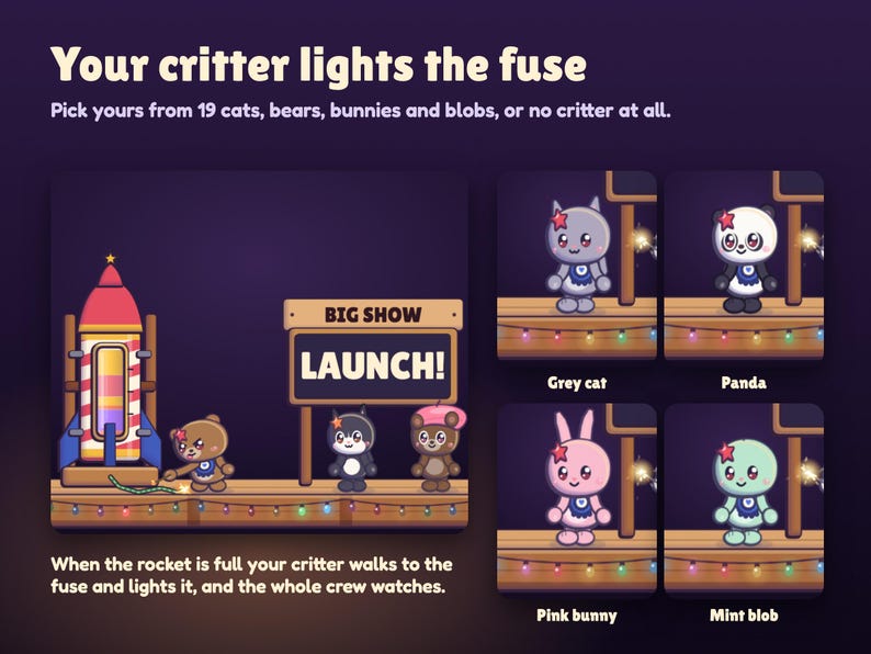 Your Launchlings critter lights the fuse of the full rocket: a brown bear with the fuse burning, plus a grey cat, a panda, a pink bunny and a mint blob from the 19 critters you can pick.