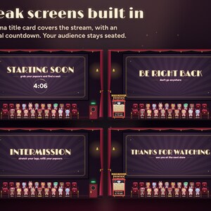 Seatlings break screens with the audience still seated below: Starting soon with a 4:06 countdown, Be right back, Intermission and Thanks for watching, each a cinema title card over the stream.