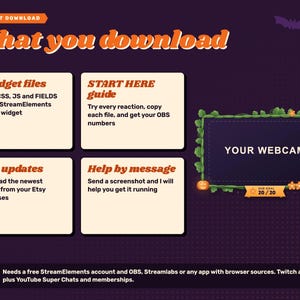 Halloween reactive webcam overlay. What the download includes: four widget files, the START HERE guide, free updates and help by message.