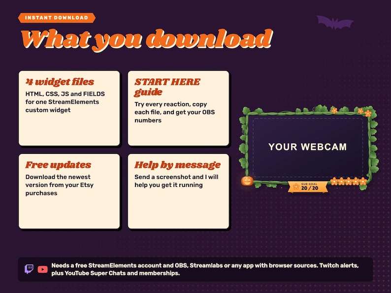 Halloween reactive webcam overlay. What the download includes: four widget files, the START HERE guide, free updates and help by message.