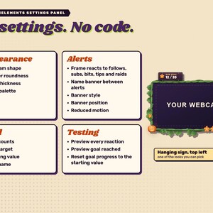 Halloween reactive webcam overlay. The 16 StreamElements settings in four groups, beside the Hanging sign banner at top left.