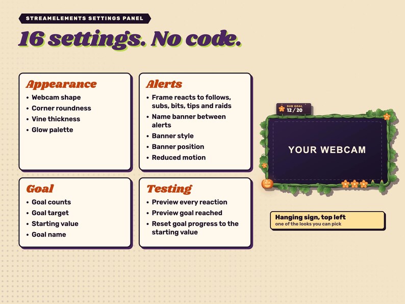 Halloween reactive webcam overlay. The 16 StreamElements settings in four groups, beside the Hanging sign banner at top left.