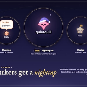 Starlings twitch chat overlay quiet viewers: a star chatting, a star in a !lurk nightcap, and a star dozing in its spot.