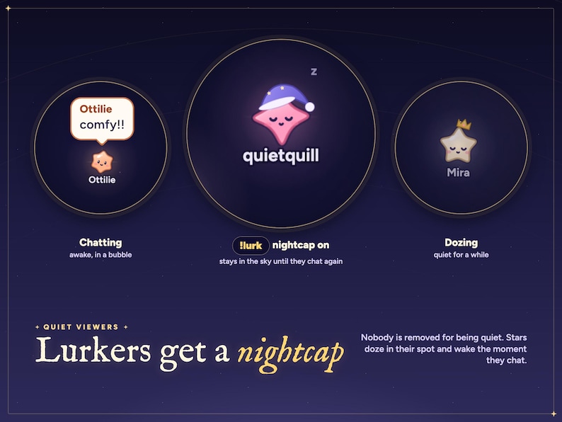 Starlings twitch chat overlay quiet viewers: a star chatting, a star in a !lurk nightcap, and a star dozing in its spot.