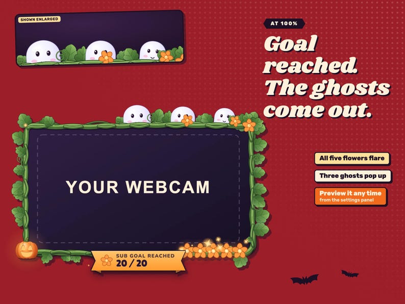 Halloween reactive webcam overlay. Goal reached: all five flowers flare and three ghosts pop up over the top of the frame.