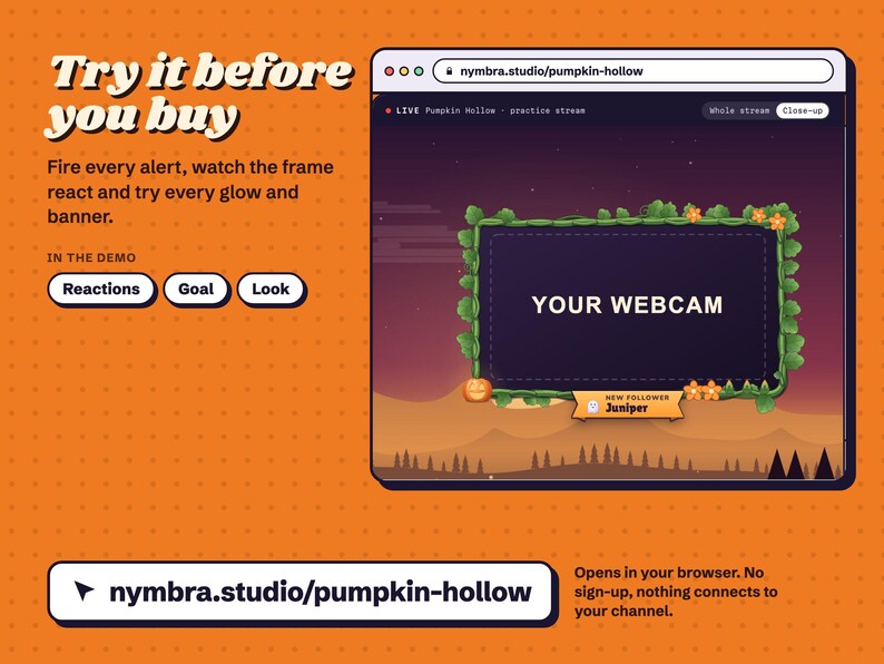 Pumpkin Hollow live demo at nymbra.studio/pumpkin-hollow, the vine webcam frame reacting to a follow