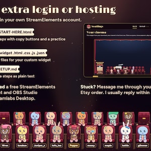 The Seatlings download: START-HERE.html with copy buttons and a practice cinema, the four widget files, SETUP.md; it runs in your own StreamElements account with no extra login or hosting, and you can message me through your Etsy order.