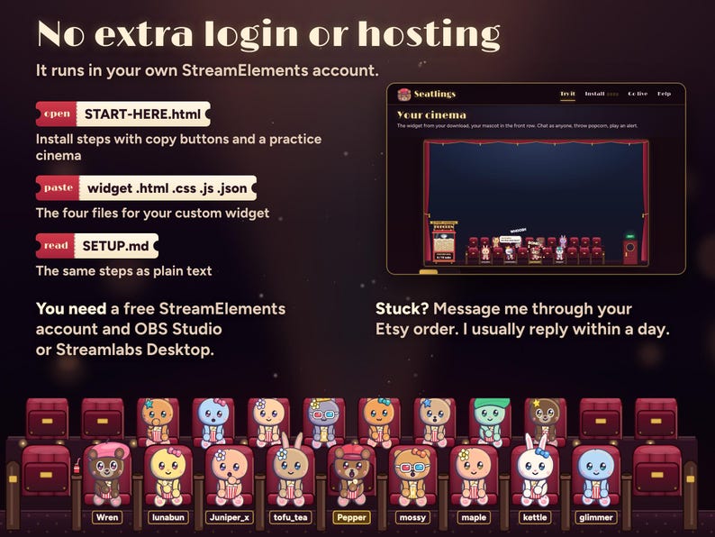 The Seatlings download: START-HERE.html with copy buttons and a practice cinema, the four widget files, SETUP.md; it runs in your own StreamElements account with no extra login or hosting, and you can message me through your Etsy order.