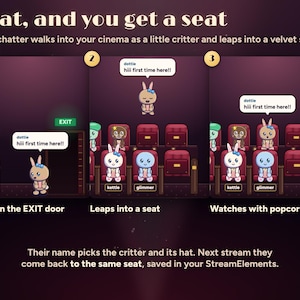 Every chatter gets a seat in Seatlings: dottie's first message, hiii first time here!!, walks a bunny in through the EXIT door, it leaps into a velvet seat and watches with popcorn, back in the same seat next stream.