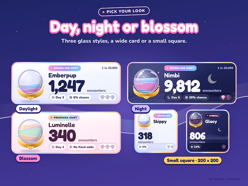 May include: A digital interface display titled Pick Your Look, Day, night or blossom, Three glass styles, a wide card or a small square. It features various game-like cards with crystal ball icons, encounter counts, and labels like Emberpup, Nimbi, Luminelle, Skippy, and Glacy, with a small square 200 x 200 label.