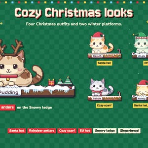 Może przedstawiać: Grafika w stylu pixel art zatytułowana Cozy Christmas looks przedstawia pięć kot&oacute;w na zaśnieżonych p&oacute;łkach. Koty o imionach Pudding, Biscuit, Jingle, Pebble i Honey noszą akcesoria, takie jak poroże renifera, czapka Mikołaja oraz szalik.