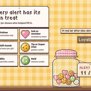 Loaf Jar treats for each alert: chocolate chip for a follow, heart for a sub or gift, golden for a tip, sprinkles for bits, matcha for a raid, beside a real mixed jar.
