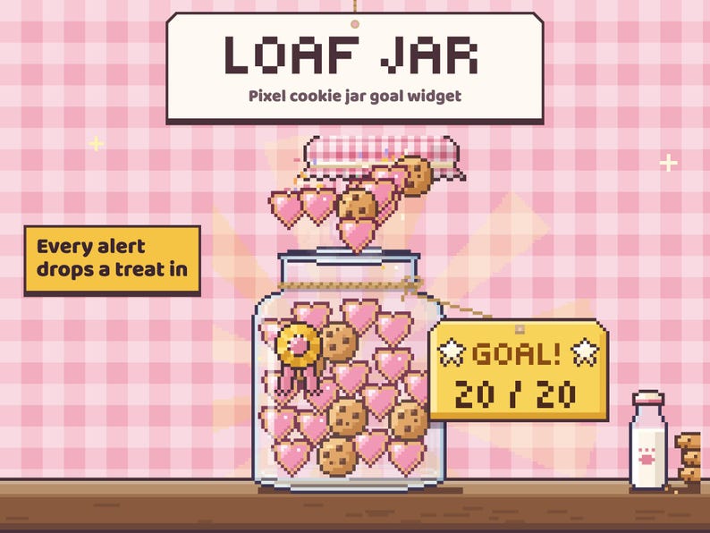 Loaf Jar pixel cookie jar goal widget: the lid pops off with confetti and a fountain of heart cookies, a golden GOAL! 20 / 20 tag and a prize ribbon, on a wooden ledge.