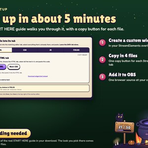 Brewhaha setup in about five minutes: the START HERE copy step for the four StreamElements files and three setup steps, no coding needed.