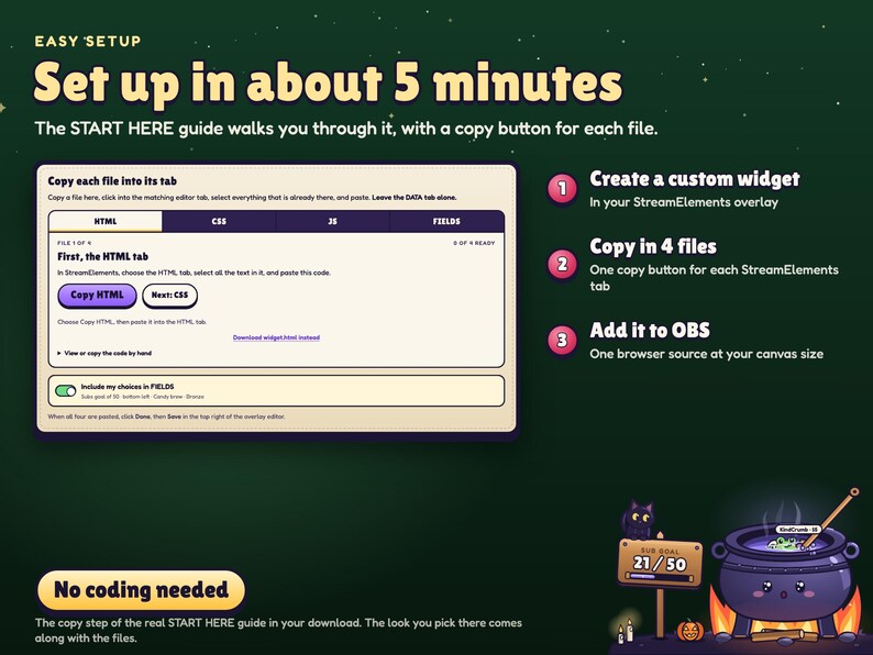 Brewhaha setup in about five minutes: the START HERE copy step for the four StreamElements files and three setup steps, no coding needed.
