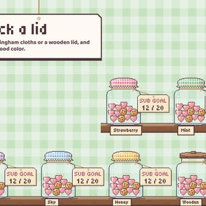 Loaf Jar lids: strawberry, mint, lilac, sky and honey gingham, and a wooden lid.