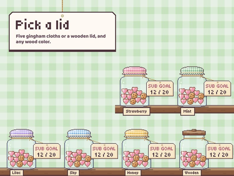 Loaf Jar lids: strawberry, mint, lilac, sky and honey gingham, and a wooden lid.