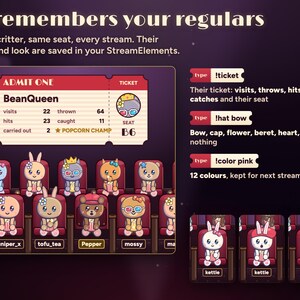 Seatlings remembers your regulars: BeanQueen's !ticket shows visits, throws, hits, catches, times carried out, seat B6 and Popcorn Champ, and viewers pick a hat with !hat bow and a colour with !color pink, kept for next stream.