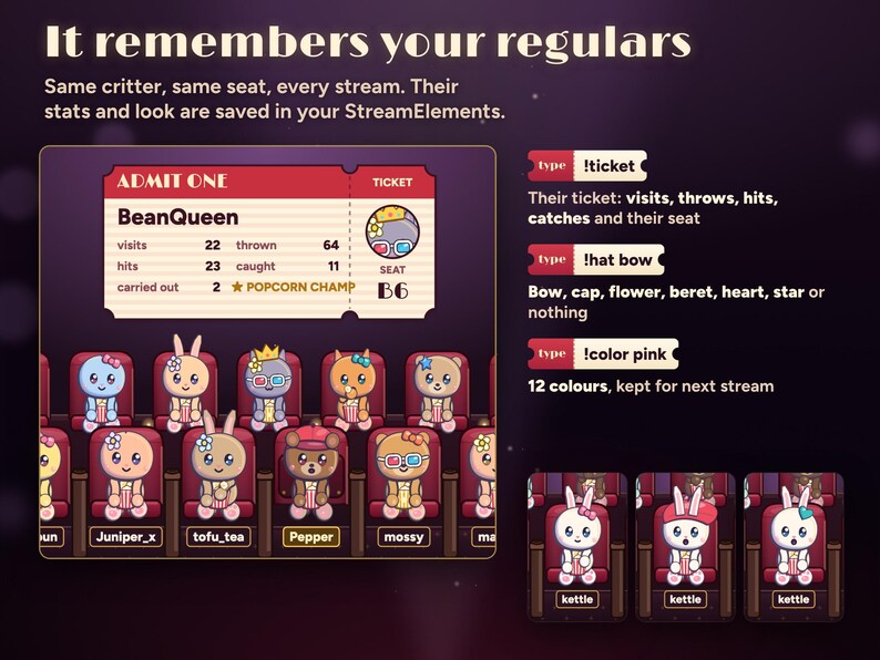 Seatlings remembers your regulars: BeanQueen's !ticket shows visits, throws, hits, catches, times carried out, seat B6 and Popcorn Champ, and viewers pick a hat with !hat bow and a colour with !color pink, kept for next stream.