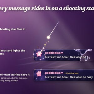 A Moonglass message rides in on a shooting star, lights up its pane of glass and lands with pebblebloom's own starling and the line hiii first time here!! this looks so cozy.