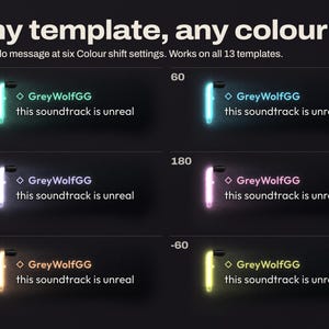 Chorus colour shift shown on the Halo template: the same neon chat message six times on a black page at Colour shift 0, 60, 120, 180, -120 and -60, its neon tube and chatter name turning mint, cyan, lilac, pink, orange and yellow.