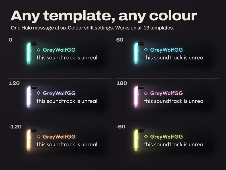 Chorus colour shift shown on the Halo template: the same neon chat message six times on a black page at Colour shift 0, 60, 120, 180, -120 and -60, its neon tube and chatter name turning mint, cyan, lilac, pink, orange and yellow.