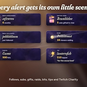 Moonglass alerts: softwren's crowned starling for a 6 month sub, a gift box popping crowns for 5 gifted subs, a newborn starling for a follow, a comet for a 24 viewer raid, shooting stars for 500 bits and a wishing star for a $10 tip.
