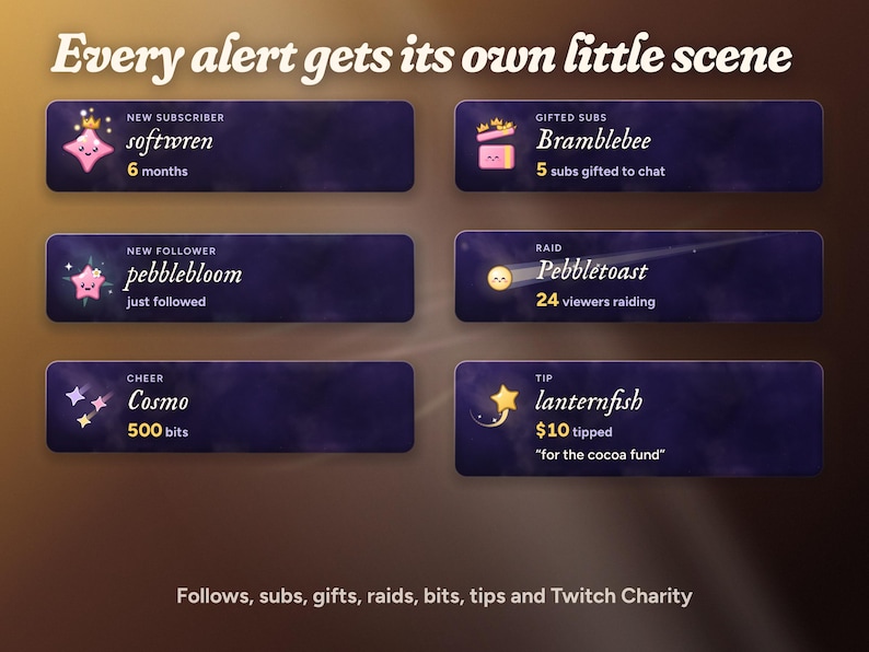 Moonglass alerts: softwren's crowned starling for a 6 month sub, a gift box popping crowns for 5 gifted subs, a newborn starling for a follow, a comet for a 24 viewer raid, shooting stars for 500 bits and a wishing star for a $10 tip.