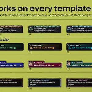 Chorus colour shift on four templates, Rune, Arcade, Pixel and Gilt, each shown three times: Rune's glowing runes in gold, green and ice blue, Arcade's CRT text in green, amber and cyan, Pixel's RPG window in blue, crimson and teal, and Gilt's frame in gold, blue and rose.