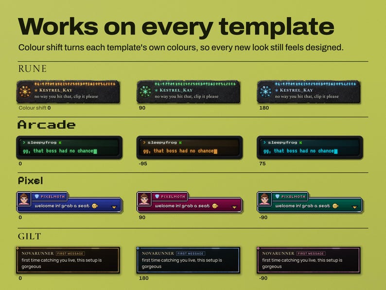 Chorus colour shift on four templates, Rune, Arcade, Pixel and Gilt, each shown three times: Rune's glowing runes in gold, green and ice blue, Arcade's CRT text in green, amber and cyan, Pixel's RPG window in blue, crimson and teal, and Gilt's frame in gold, blue and rose.