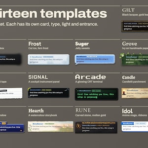 All 13 Chorus chat templates showing the same message, each named in its own lettering: Gilt, Halo, Frost, Sugar, Grove, Paper, Signal, Arcade, Candle, Pixel, Hearth, Rune and Idol.