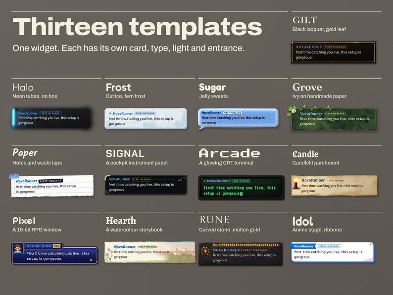All 13 Chorus chat templates showing the same message, each named in its own lettering: Gilt, Halo, Frost, Sugar, Grove, Paper, Signal, Arcade, Candle, Pixel, Hearth, Rune and Idol.