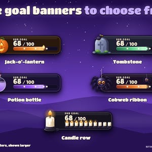 The five goal banners: jack-o'-lantern, tombstone, potion bottle, cobweb ribbon and candle row.