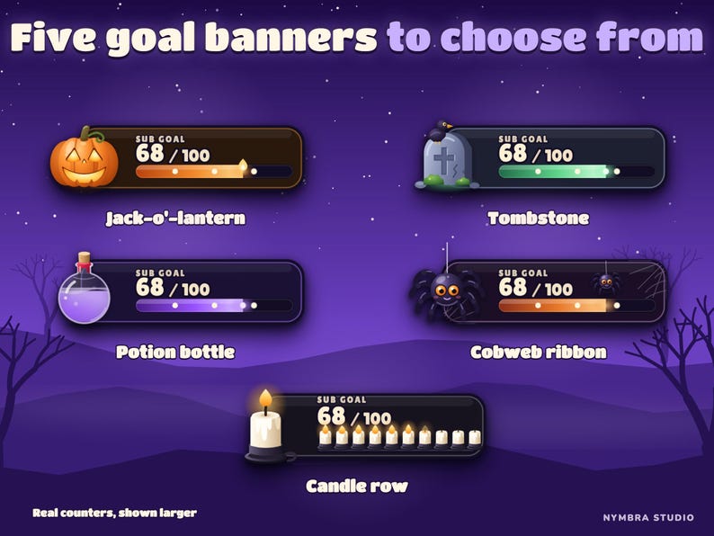 The five goal banners: jack-o'-lantern, tombstone, potion bottle, cobweb ribbon and candle row.