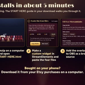 Seatlings installs in about 5 minutes with no coding: unzip on a computer and open START-HERE.html, make a custom widget in StreamElements and paste the four files, add the overlay link to OBS as a browser source. Bought on your phone? Download on a computer.