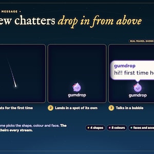 Starlings twitch chat overlay: a first-time YouTube chatter falls in as a shooting star, lands, and says hi in a chat bubble.