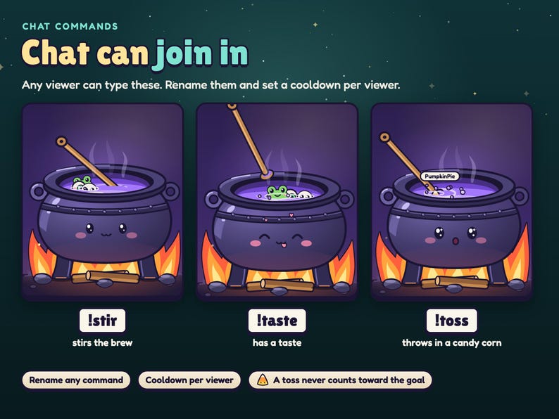 Brewhaha chat commands: !stir stirs the brew, !taste has a taste with hearts, !toss throws a candy corn in with the viewer's name.