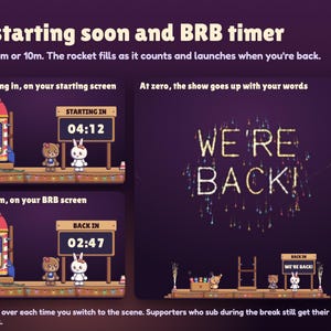 A Launchlings starting soon and BRB timer: the sign at STARTING IN 04:12 and BACK IN 02:47 with the rocket filling gold, then WE'RE BACK! written in the sky at zero.