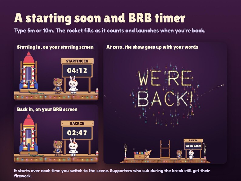 A Launchlings starting soon and BRB timer: the sign at STARTING IN 04:12 and BACK IN 02:47 with the rocket filling gold, then WE'RE BACK! written in the sky at zero.